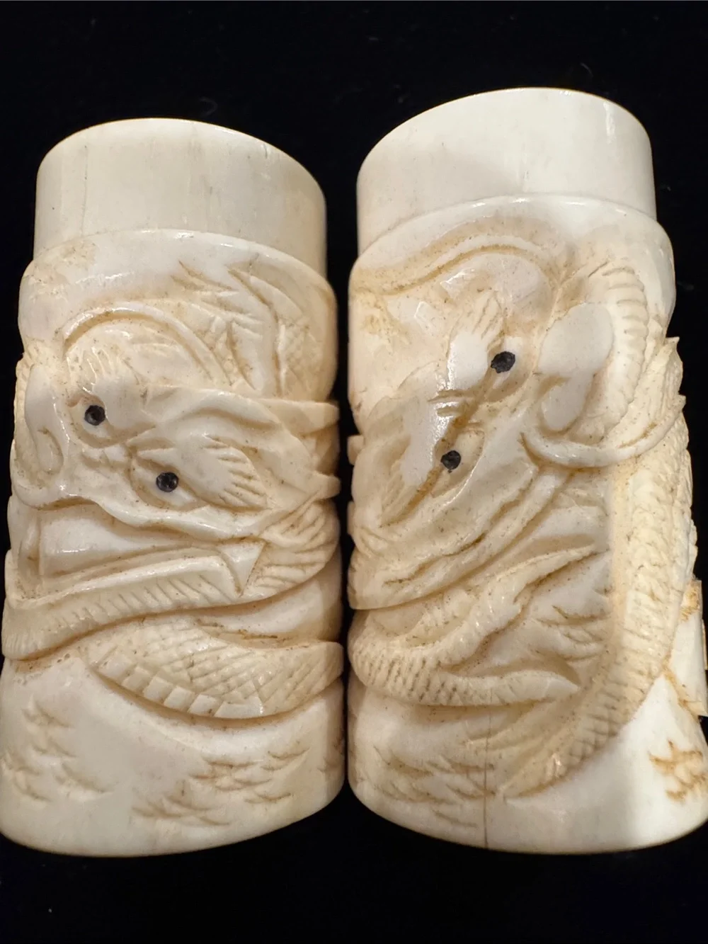 Vintage Set of Carved Faux Ivory (Bone?) Dragon Salt and Pepper Shakers AS-IS